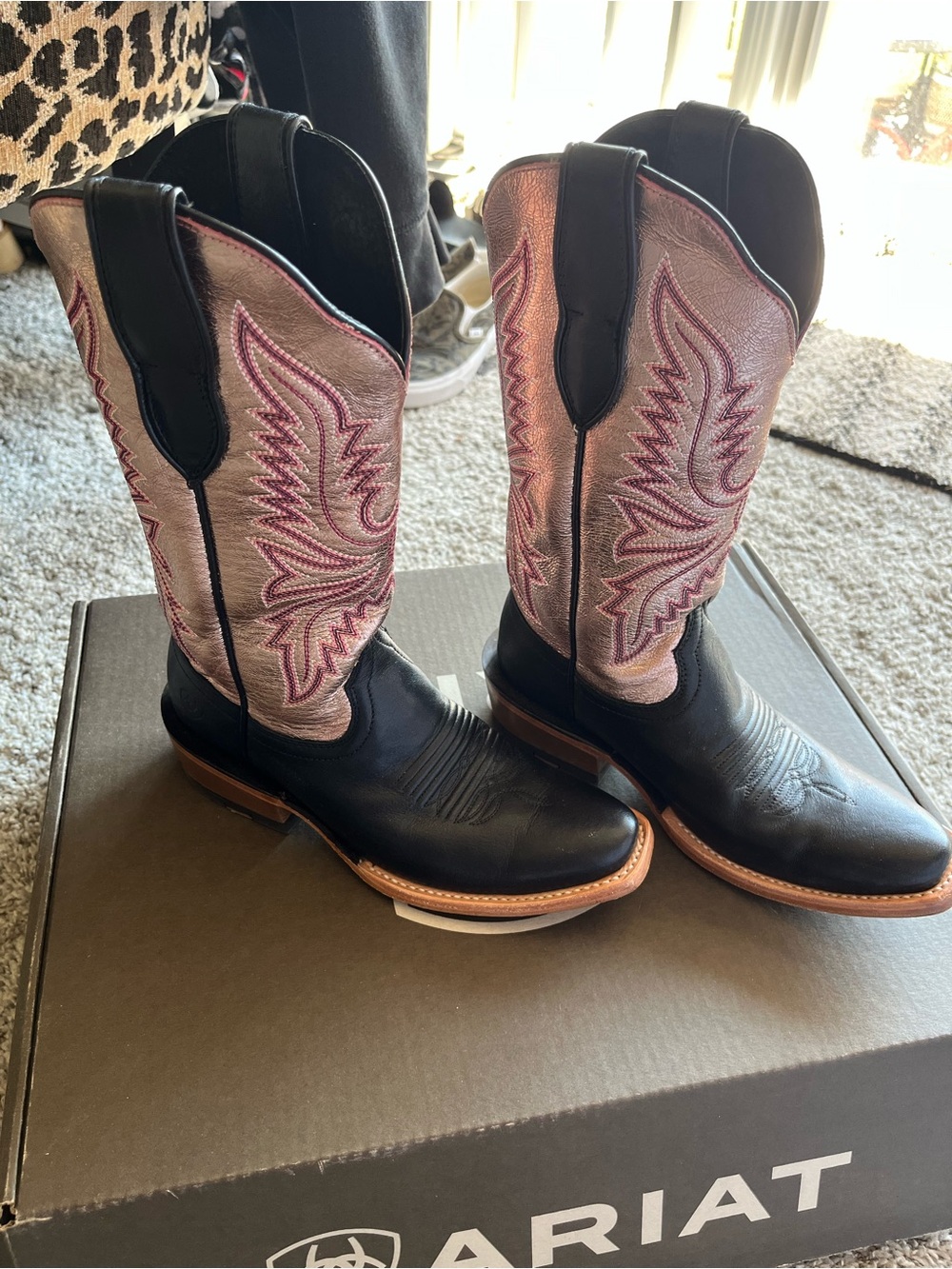 Ariat Black Leather Futurity Western Boots with Pink Embroidered Shaft